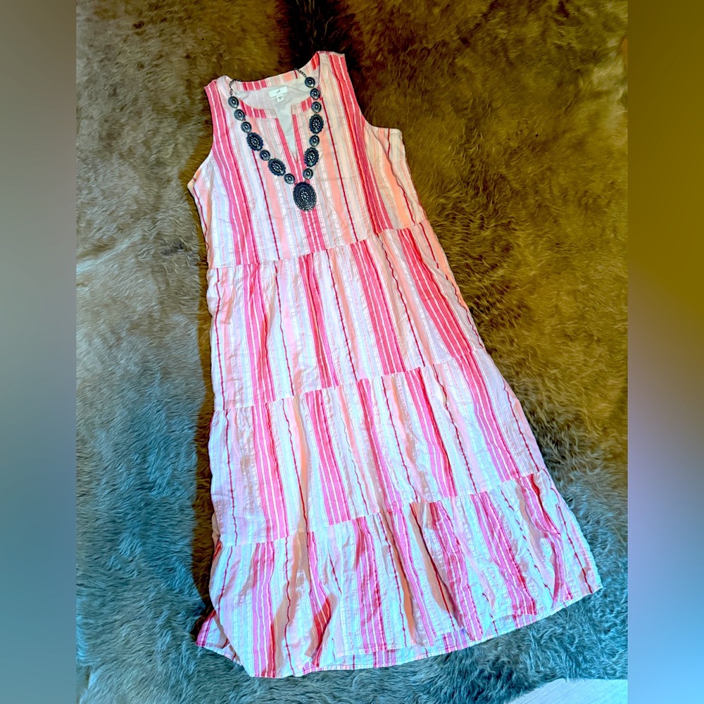 J. Jill Women’s Medium Tiered Maxi Dress Sleeveless Split Neck Pink White Stripe